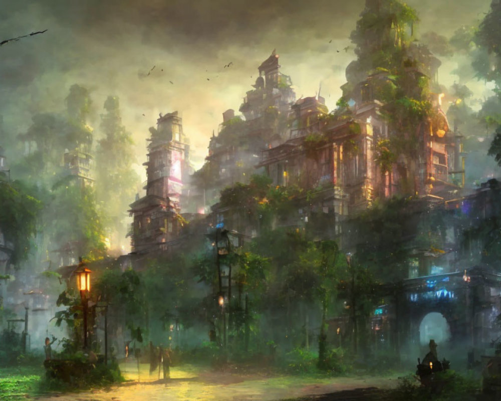 Ancient city with towering structures in lush greenery and glowing street lamps.