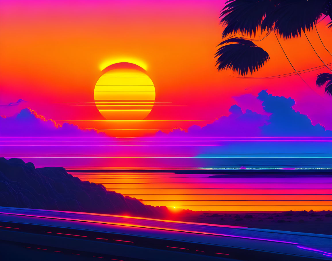 Colorful digital artwork: Sunset with neon stripes over the sea and palm leaf silhouettes