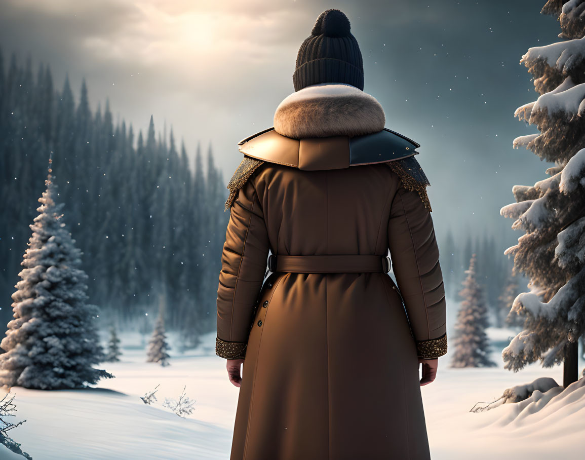 Person in winter coat and beanie facing snowy forest with tall trees under sun peeking through clouds