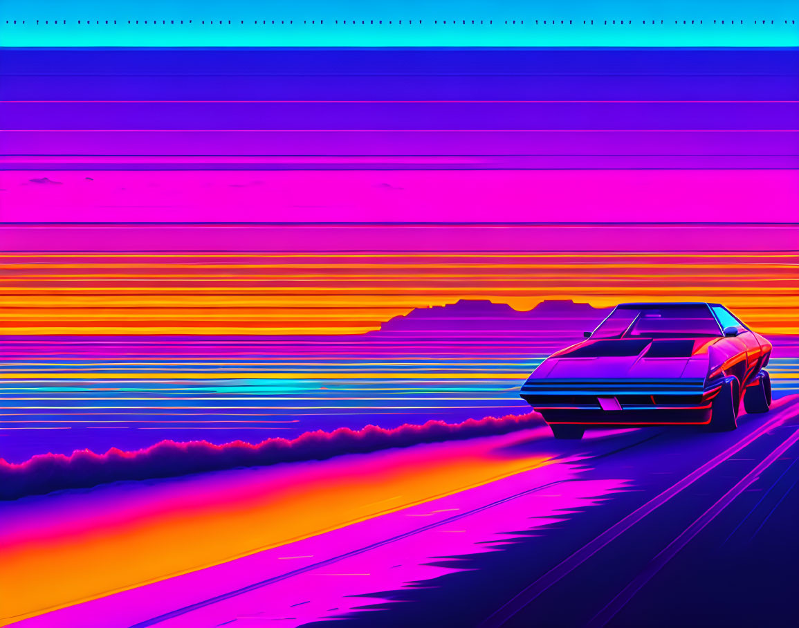 Colorful retro-futuristic car on neon road with mountain silhouette