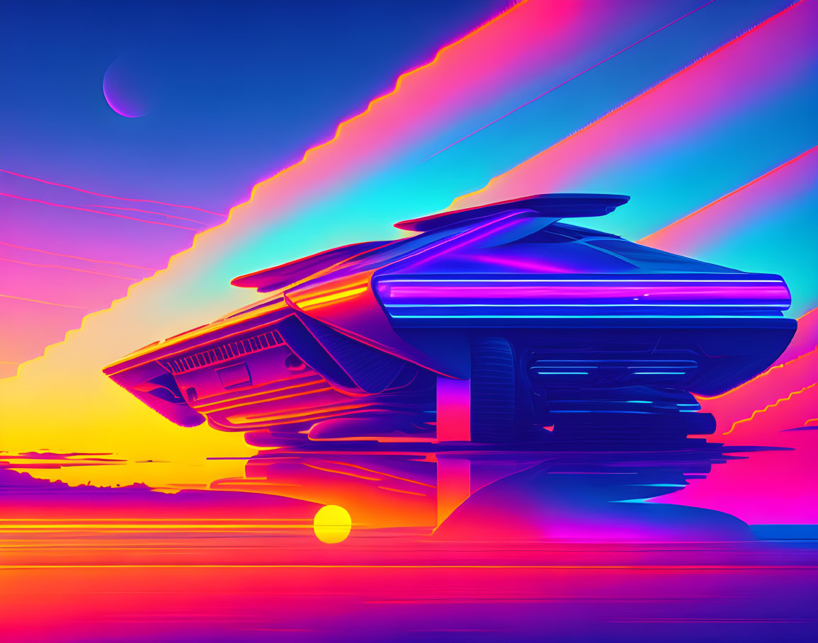 Vibrant retro-futuristic spaceship in neon sunset with planets and light beams