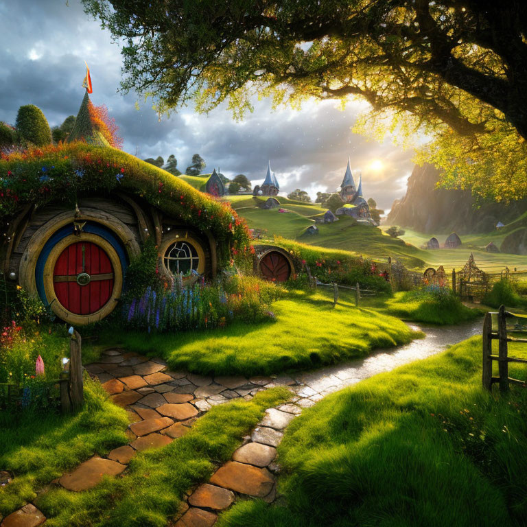 Rural landscape with hobbit homes, greenery, flowers, sunlit path