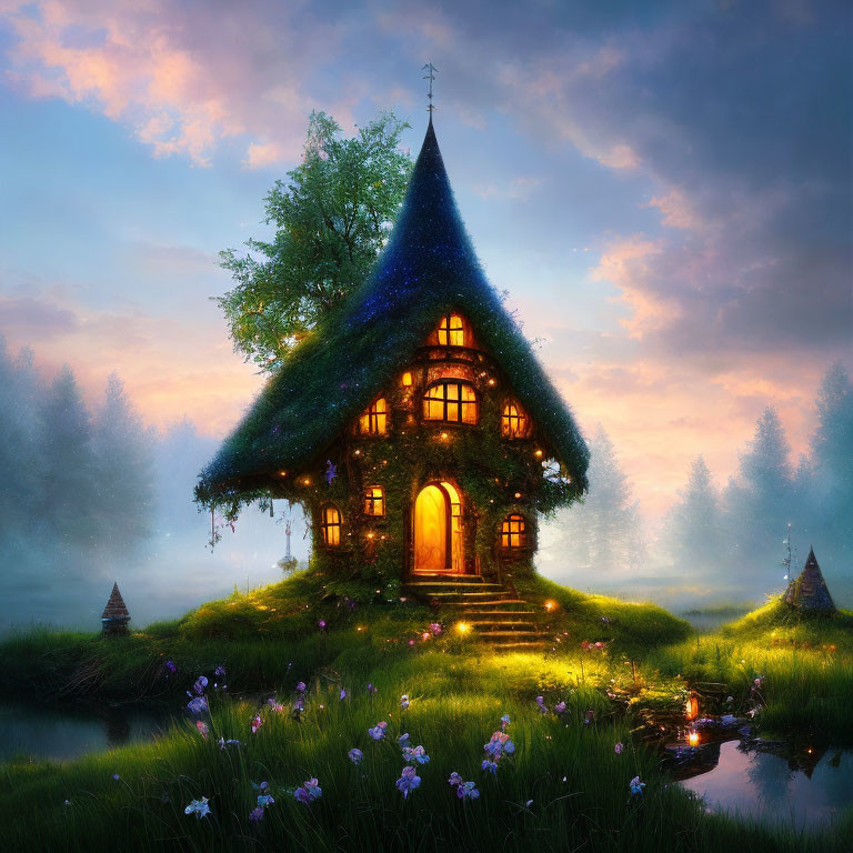 Charming fairytale cottage with glowing interior and thatched roof in misty meadow