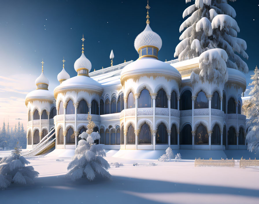 Snow-covered palace with onion domes in serene winter landscape