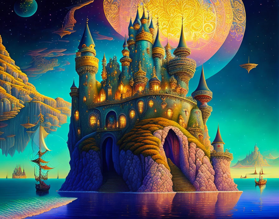 Fantasy Artwork: Vibrant castle on coastal rock under moons