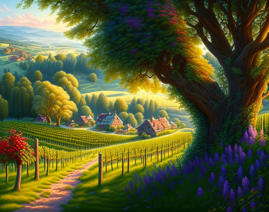 Lush vineyard and rolling hills in warm sunlight