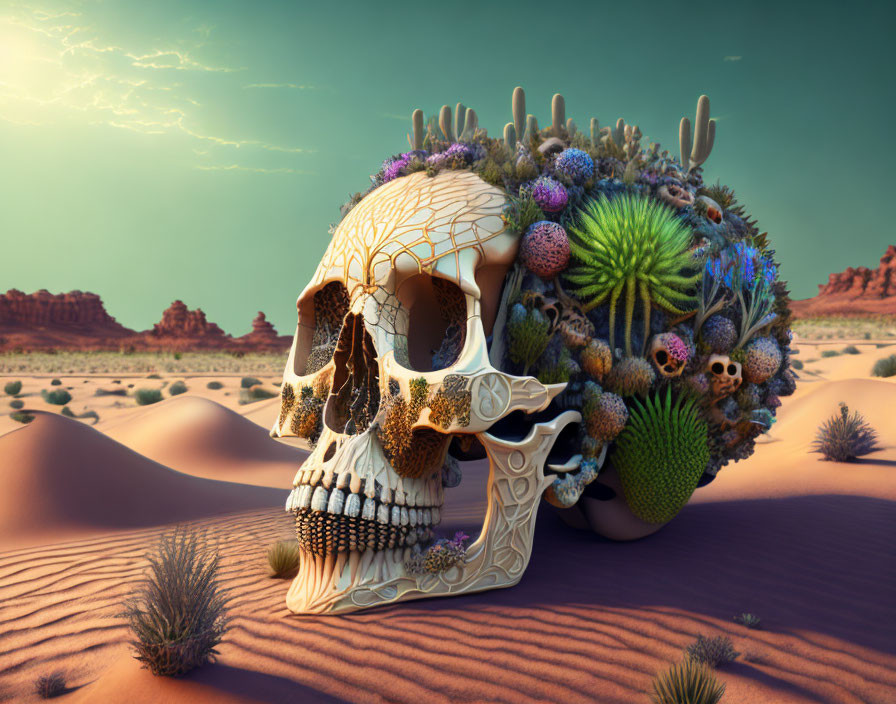 Skull Decorated with Succulent Plants in Desert Landscape