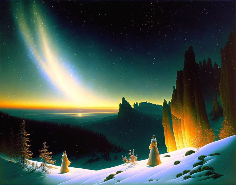 Robed Figures on Snowy Hillside with Forest, Starry Sky, and Aurora