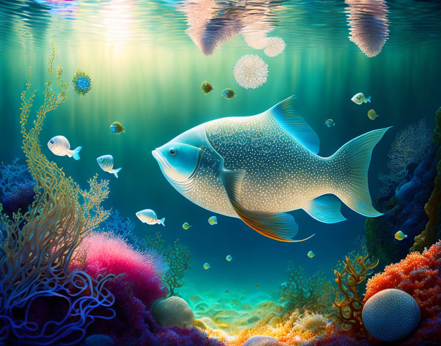 Colorful Underwater Scene with Dotted Fish, Coral, and Jellyfish