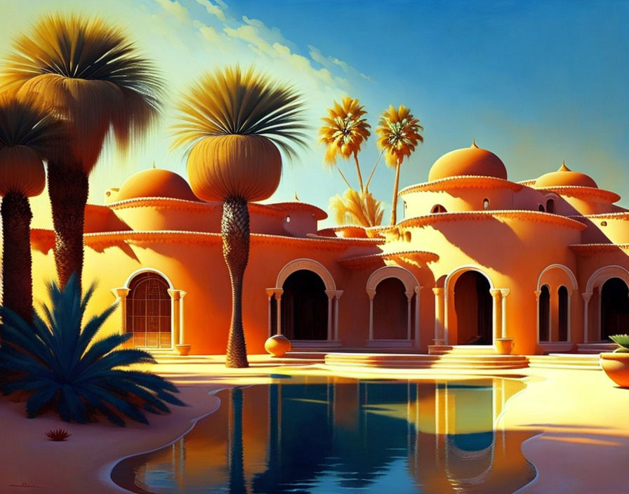 Colorful painting of orange-domed building, arches, pool, palm trees, blue sky.