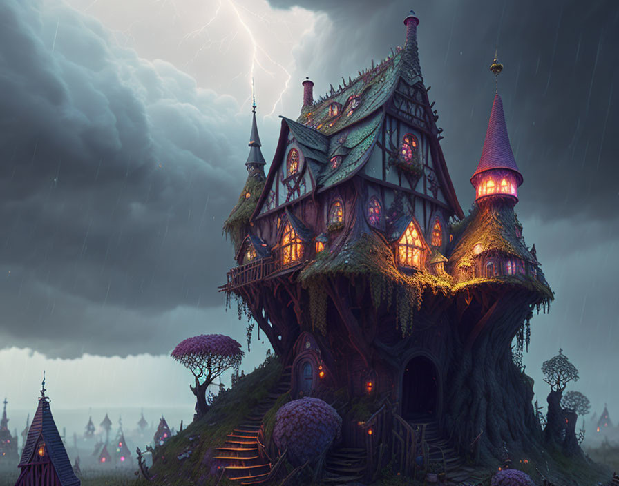 Whimsical house with towers on hill in stormy sky