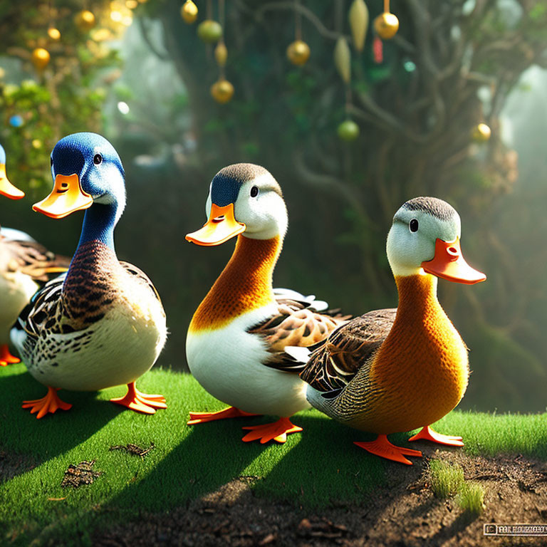 Colorful Cartoon Ducks in Sunny Green Environment