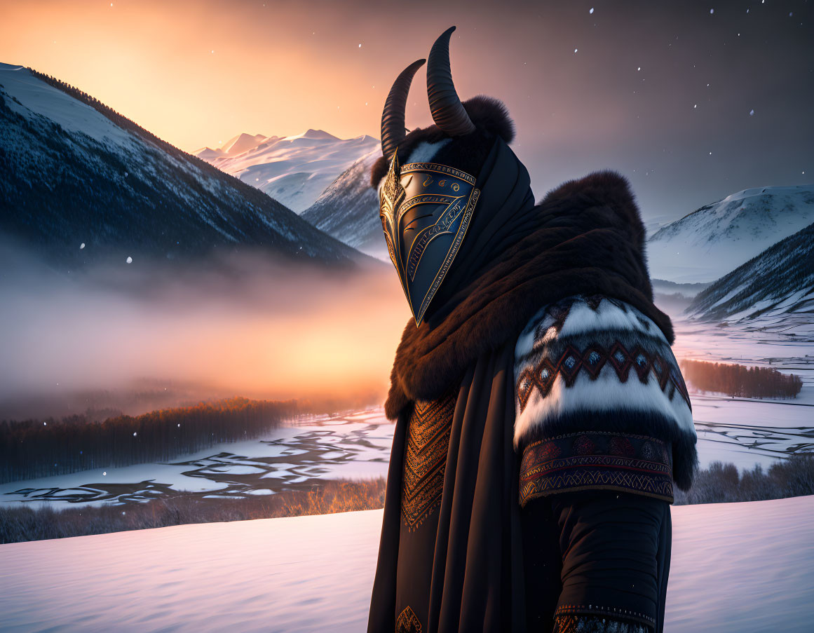 Viking person in snowy valley with mountains and sunrise.