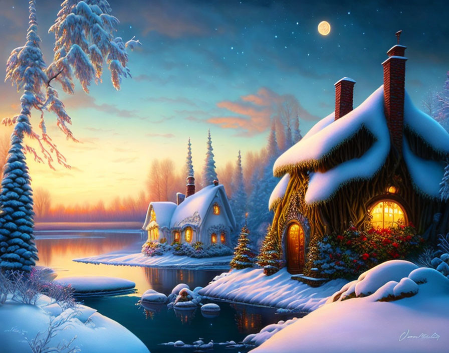 Snow-covered cottages, calm river, starry sky: Serene winter night scene