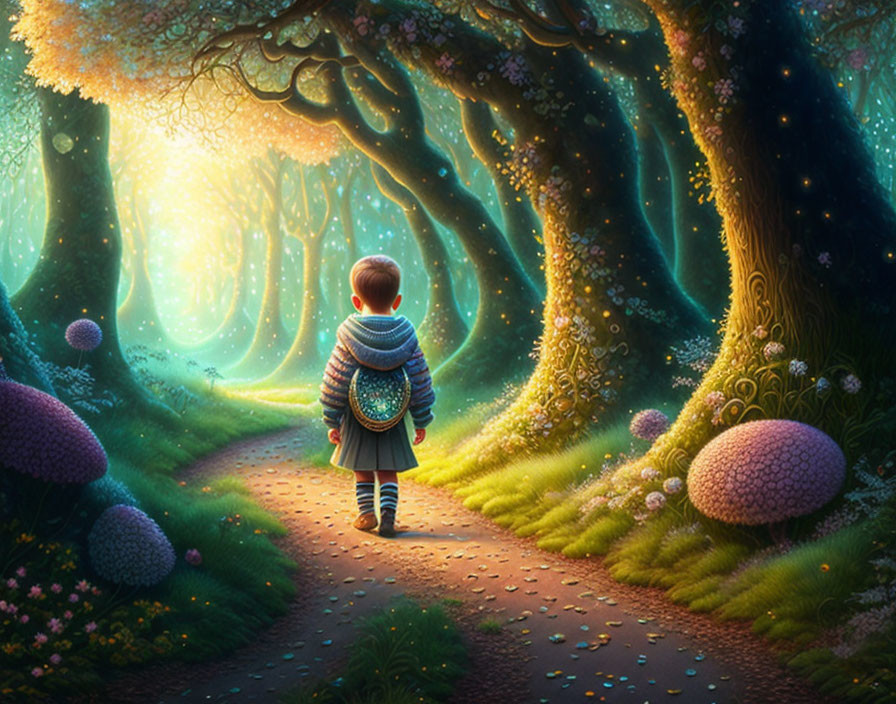 Child Walking in Enchanted Forest with Glowing Trees and Oversized Mushrooms