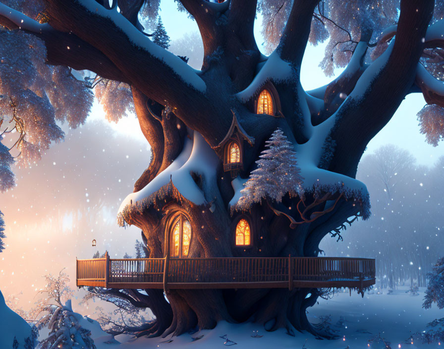 Enchanting winter forest treehouse with glowing windows