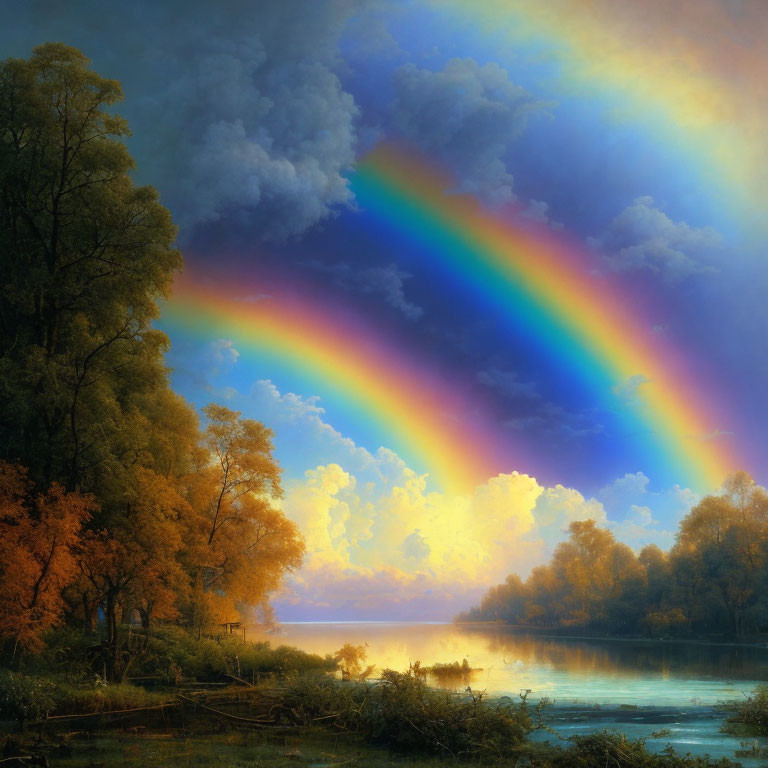 Landscape with vibrant rainbow, misty water, lush trees