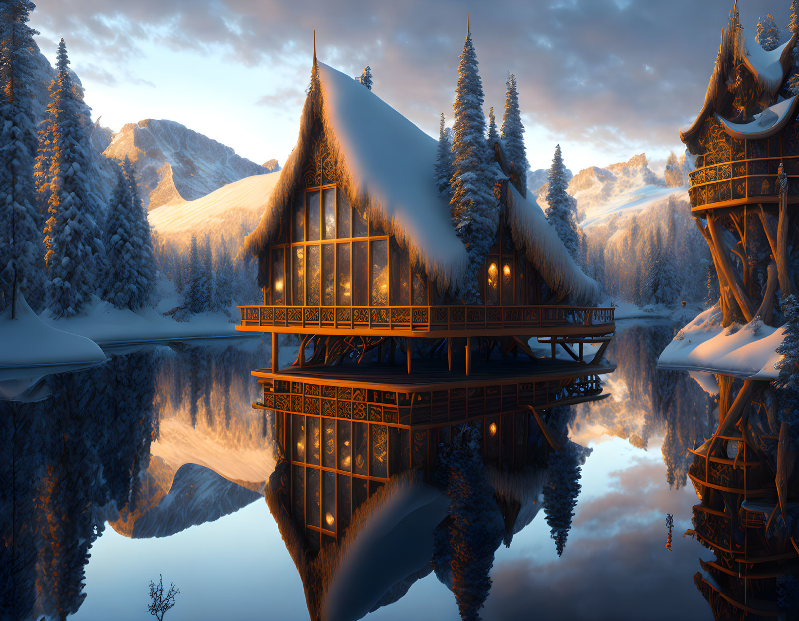 Snow-covered cabins near calm lake in winter twilight