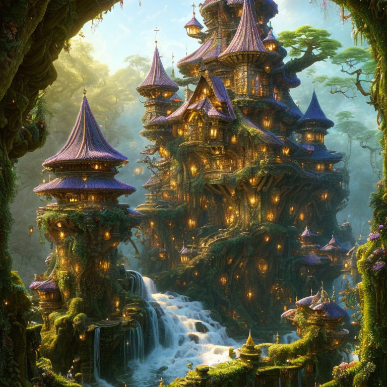 Fantasy castle in lush forest with cascading waterfalls