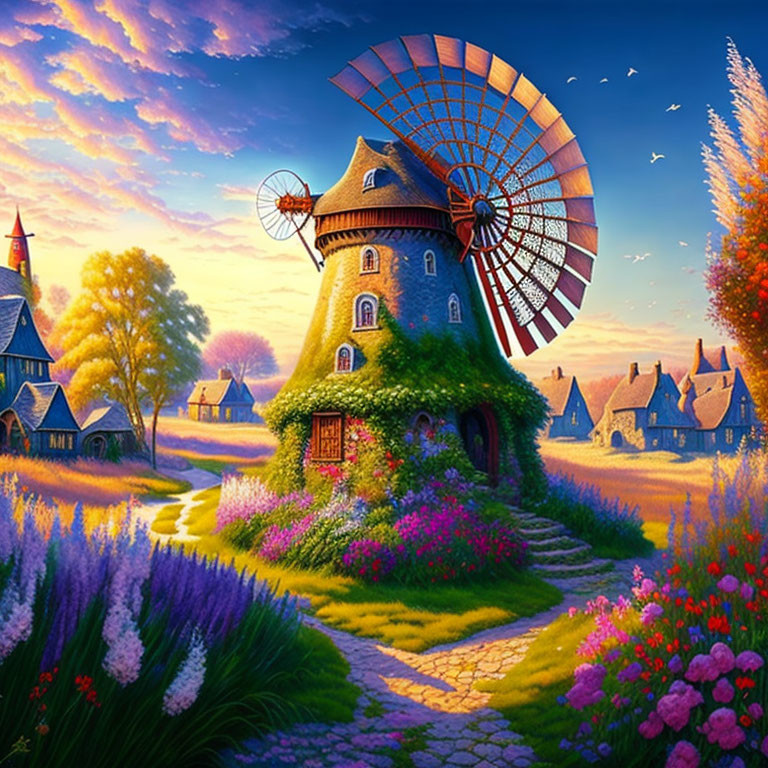 Whimsical village scene with windmill, flowers, houses, and birds at sunset