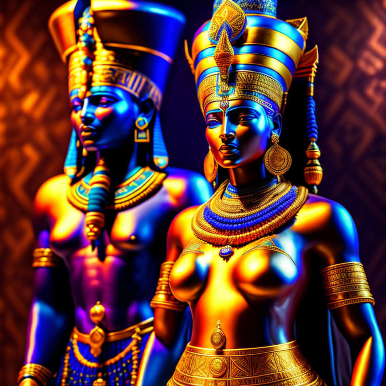 Ancient Egyptian figures in traditional attire with headdresses and jewelry in golden and blue hues