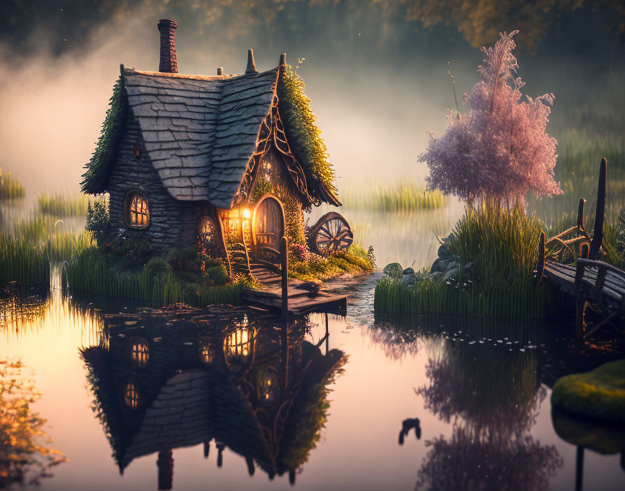 Thatched Roof Cottage by Tranquil Pond at Dusk