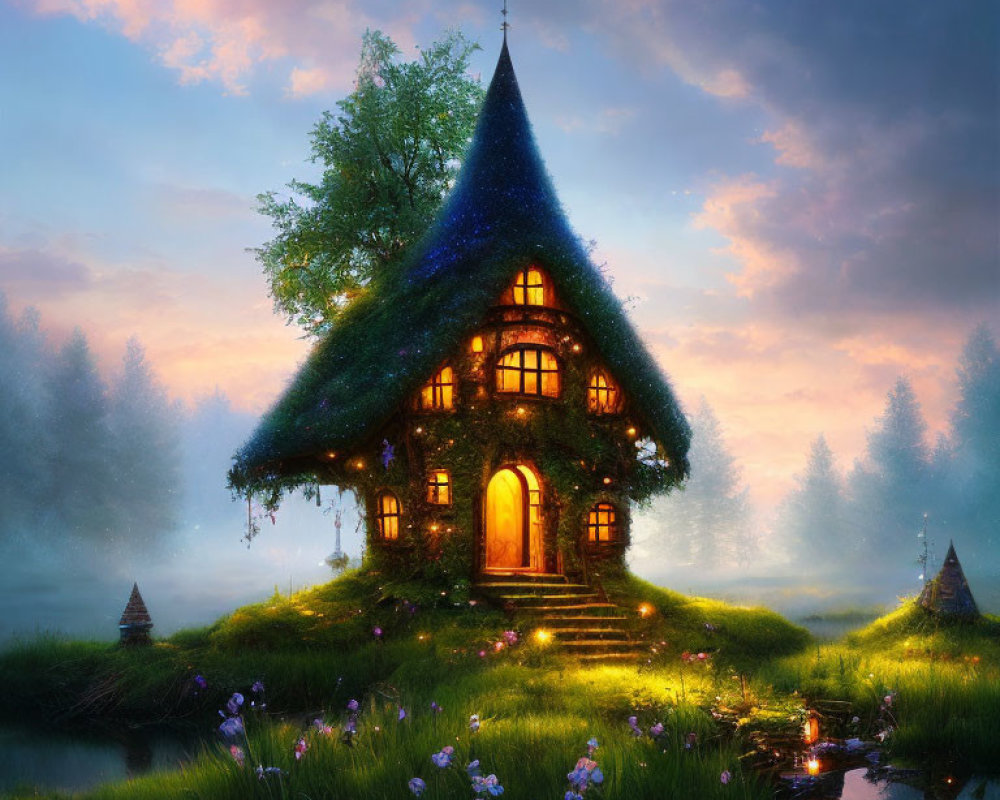 Charming fairytale cottage with glowing interior and thatched roof in misty meadow