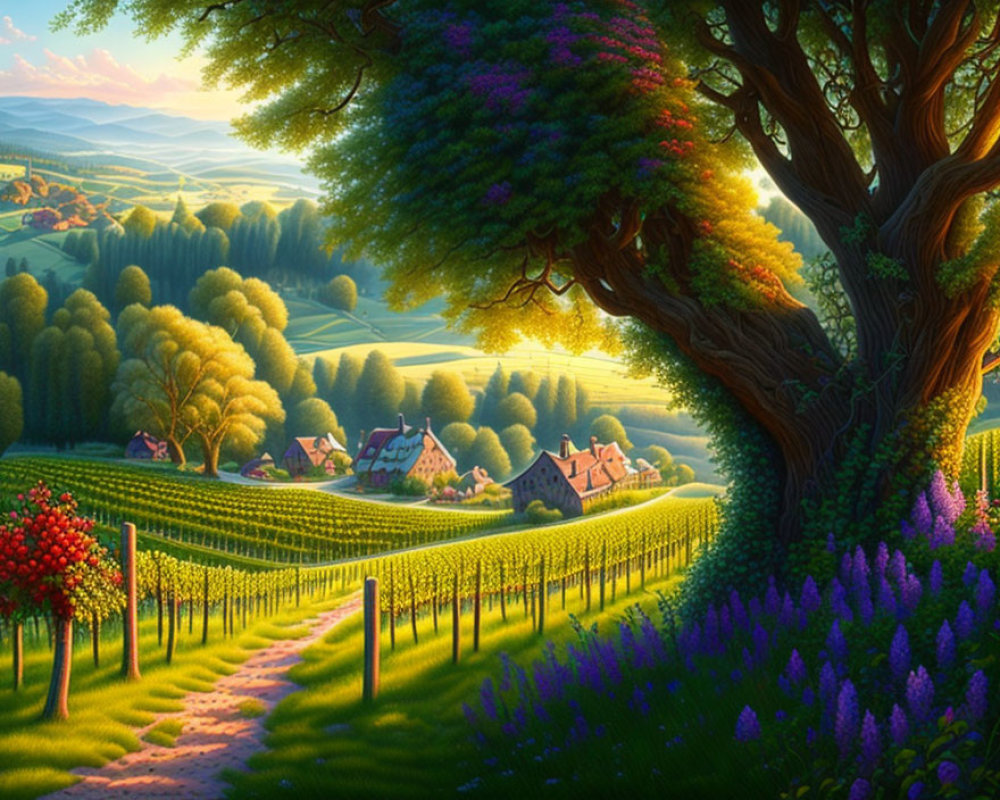 Lush vineyard and rolling hills in warm sunlight