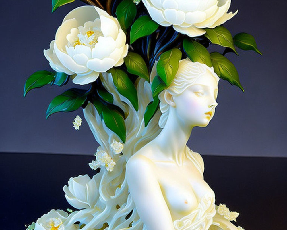 Sculpture of Woman's Bust Merged with Tree, White Blooms and Green Leaves on