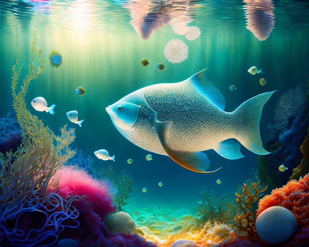 Colorful Underwater Scene with Dotted Fish, Coral, and Jellyfish