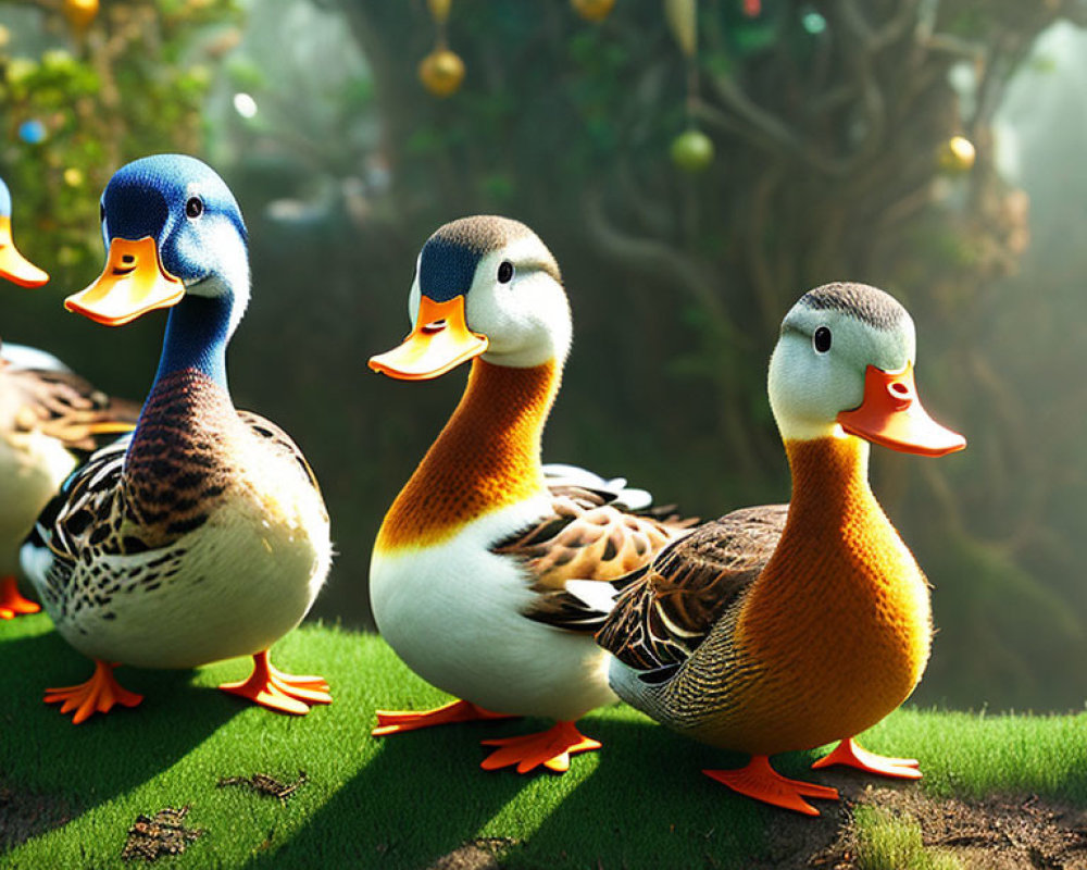 Colorful Cartoon Ducks in Sunny Green Environment