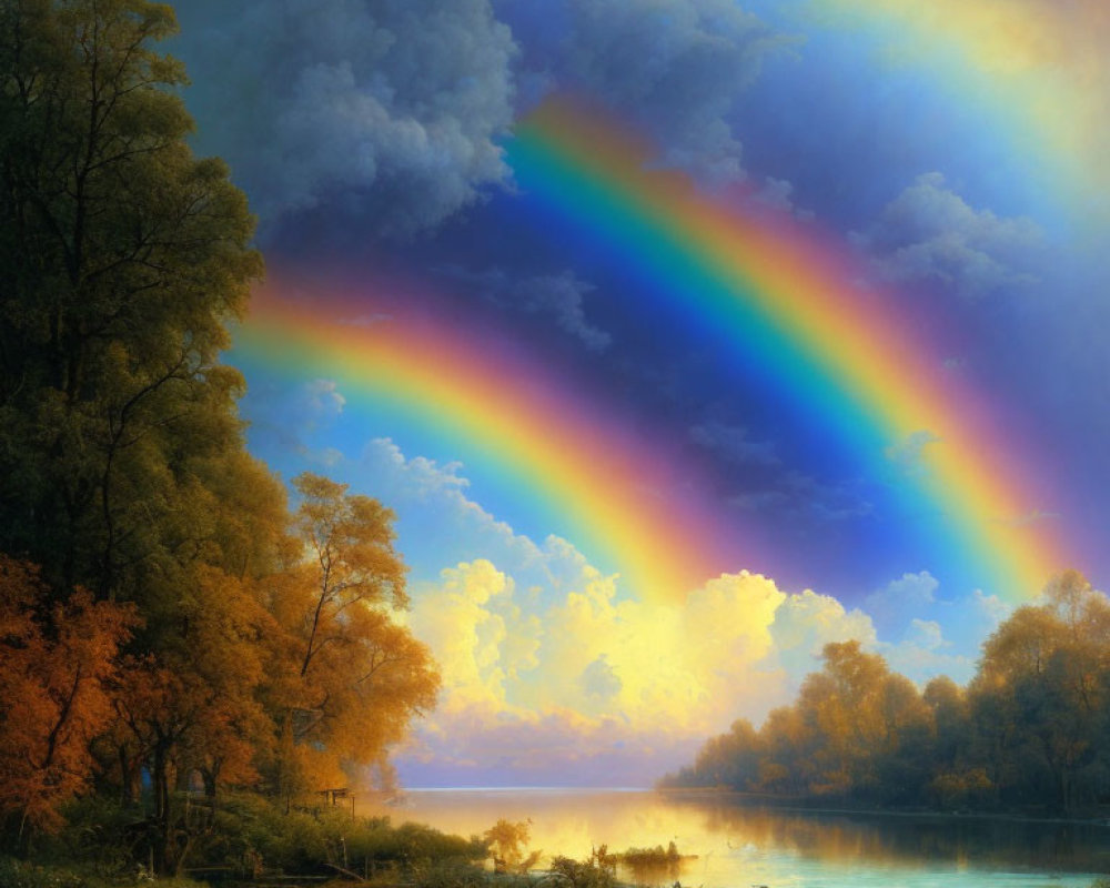 Landscape with vibrant rainbow, misty water, lush trees