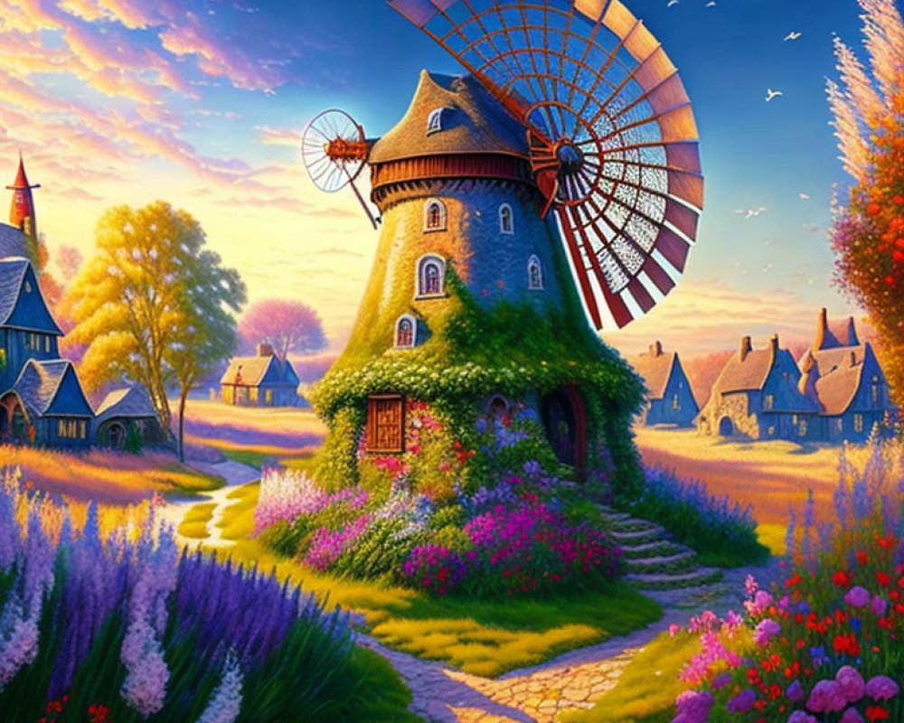 Whimsical village scene with windmill, flowers, houses, and birds at sunset