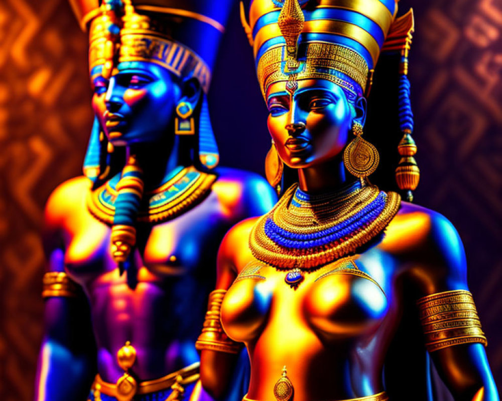 Ancient Egyptian figures in traditional attire with headdresses and jewelry in golden and blue hues