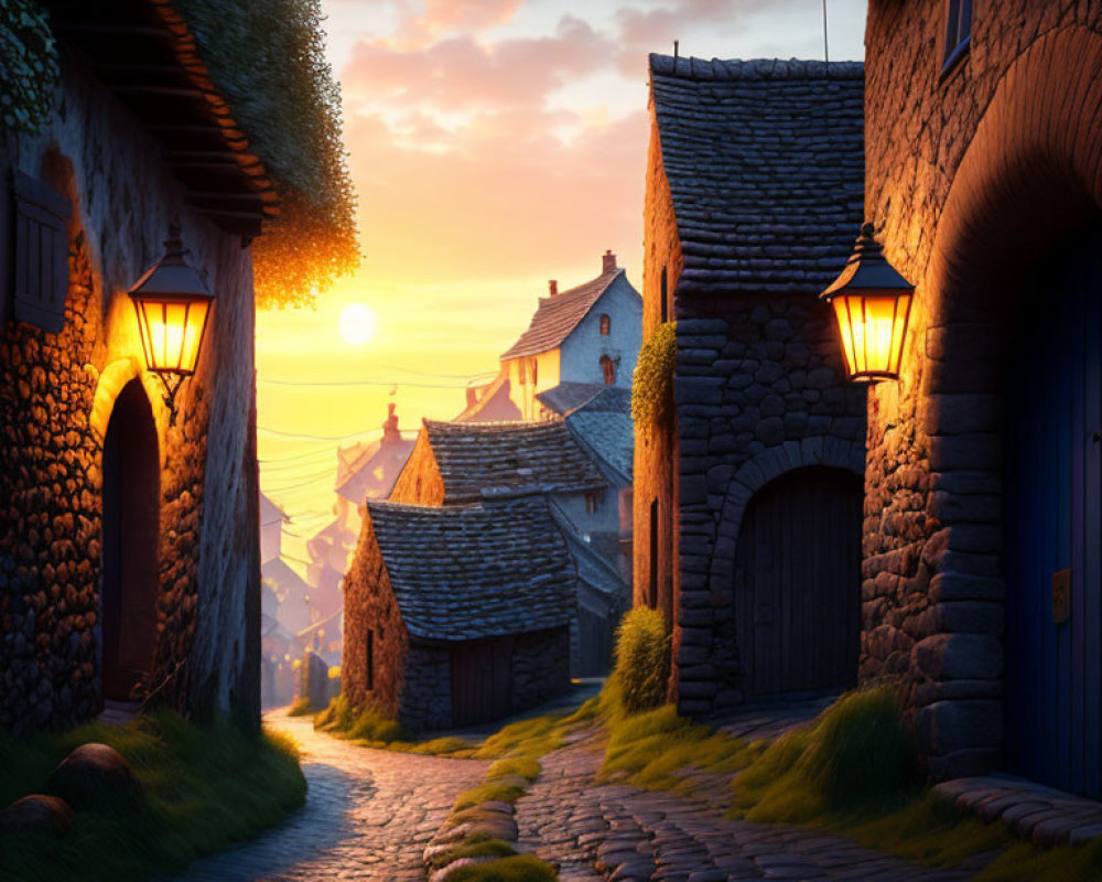 Picturesque cobblestone village street at sunset with antique lanterns and golden-hued stone buildings