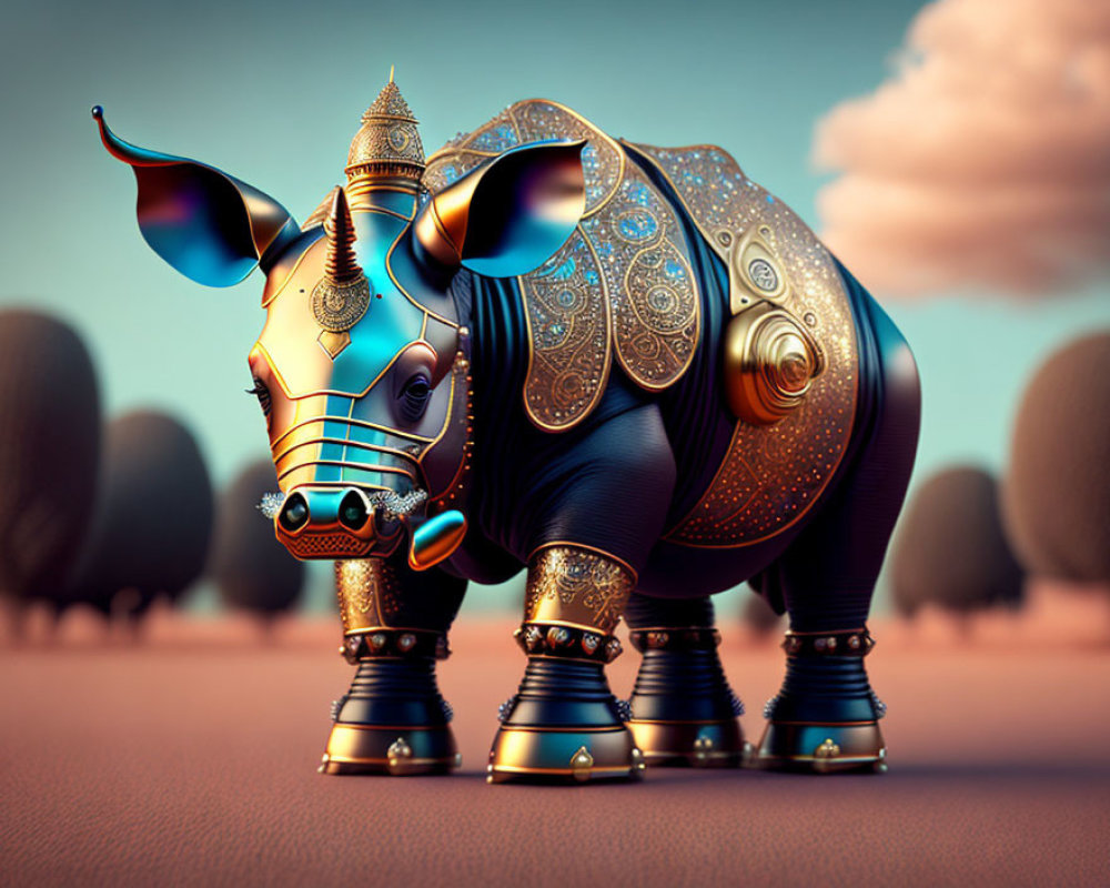 Metallic Rhinoceros Sculpture with Ornate Decorations and Blurred Background