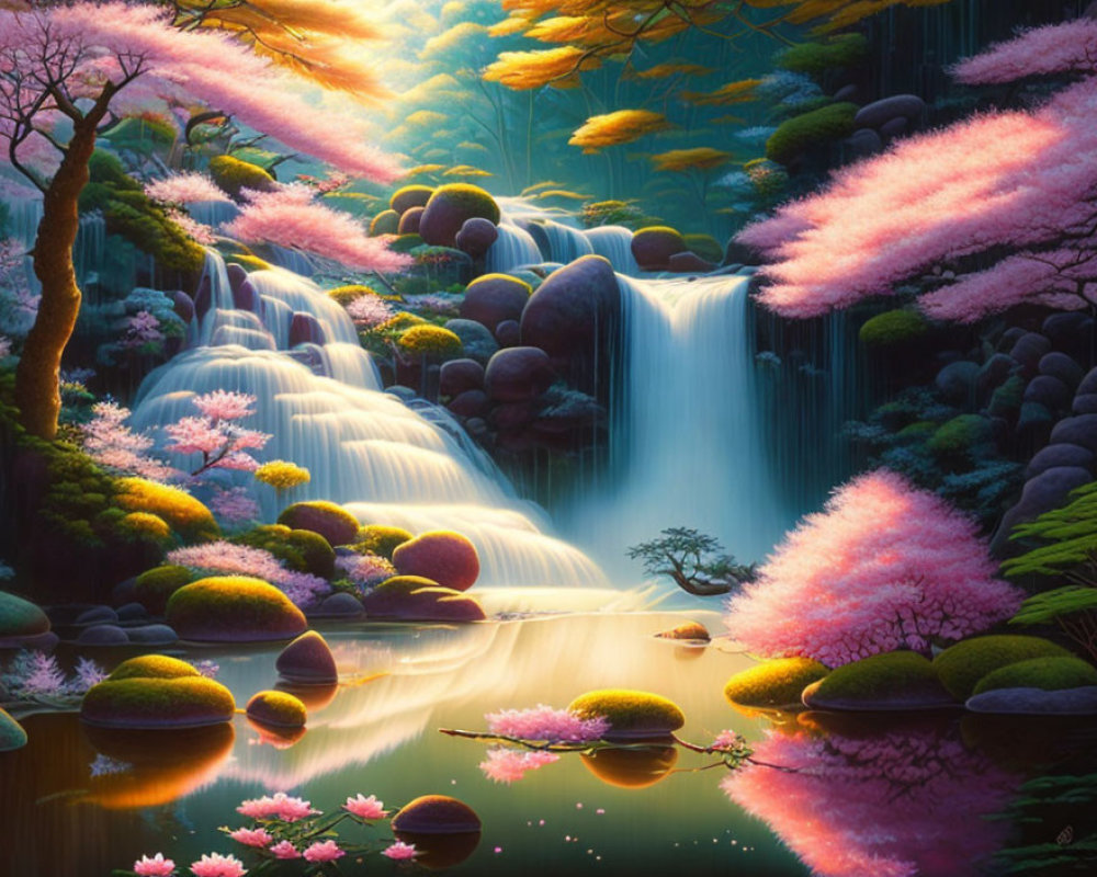 Tranquil waterfall with cherry blossom trees and serene pond