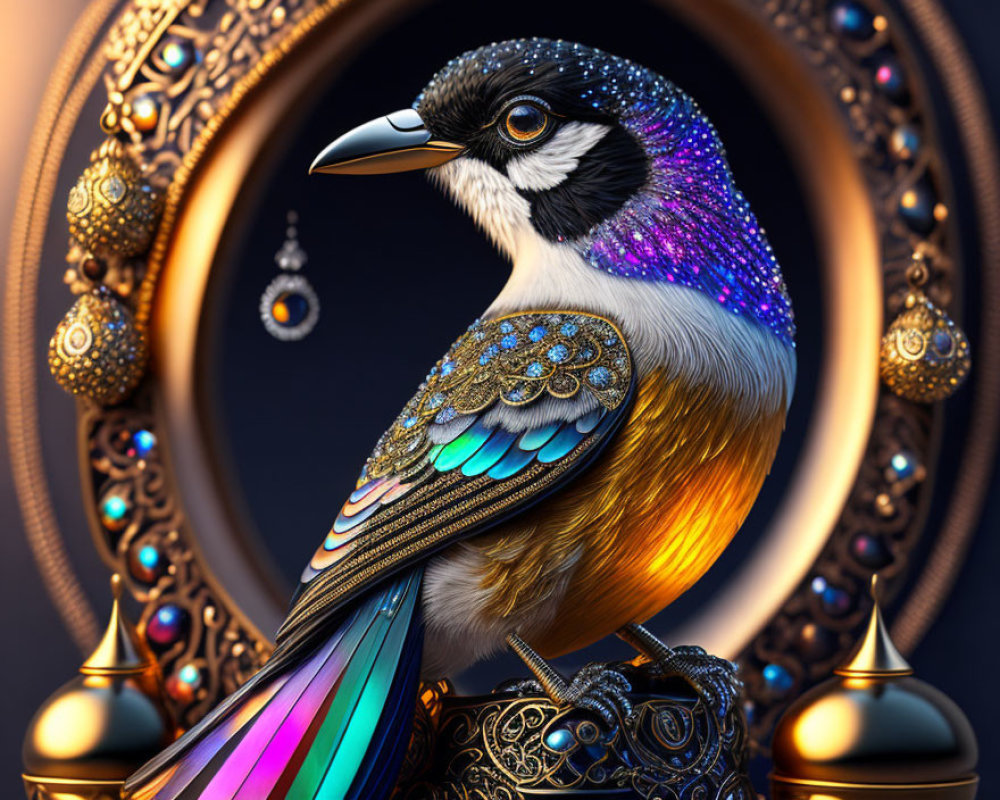 Colorful ornate bird with gleaming beak perched among golden filigree designs