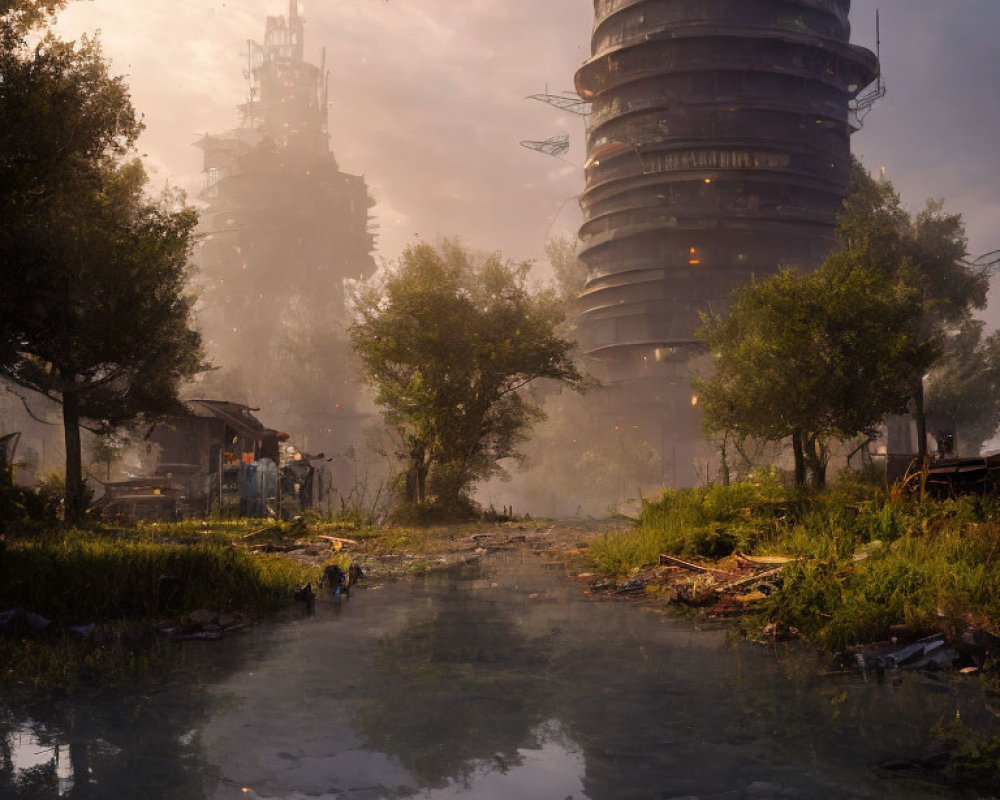 Post-apocalyptic landscape with overgrown vegetation, dilapidated buildings, and futuristic towers.