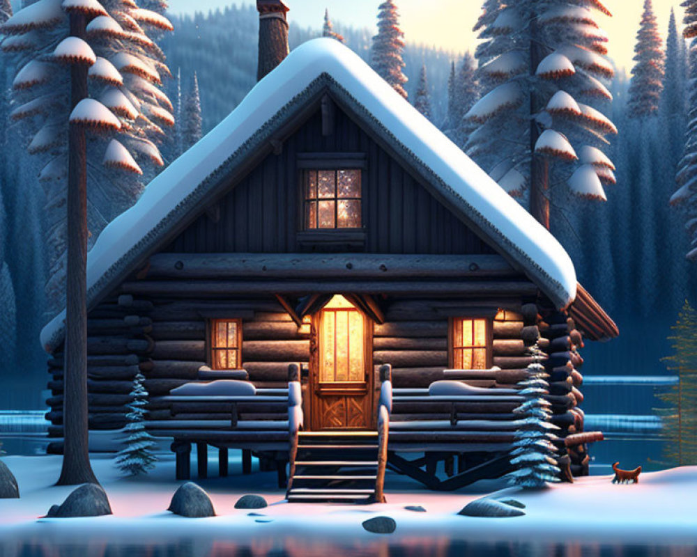 Cozy illuminated log cabin in snowy pine forest by tranquil lake at twilight