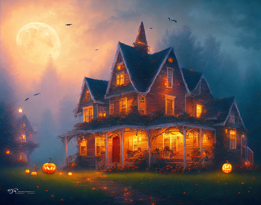 Victorian-style house with illuminated windows in autumn scene.