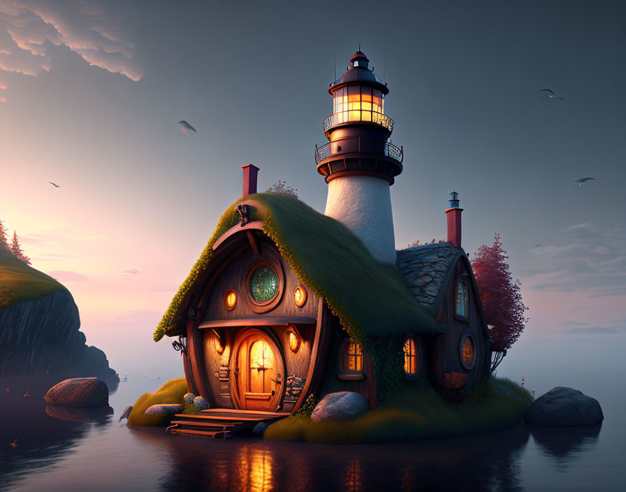 Whimsical cottage merged with lighthouse on island at sunset