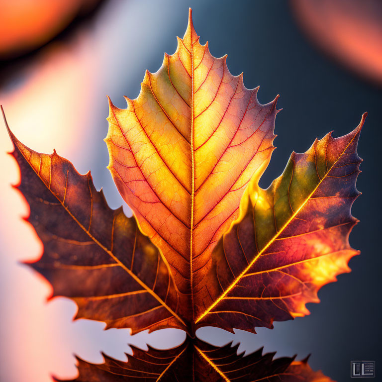 Detailed close-up of vibrant autumn leaf veins backlit by warm light