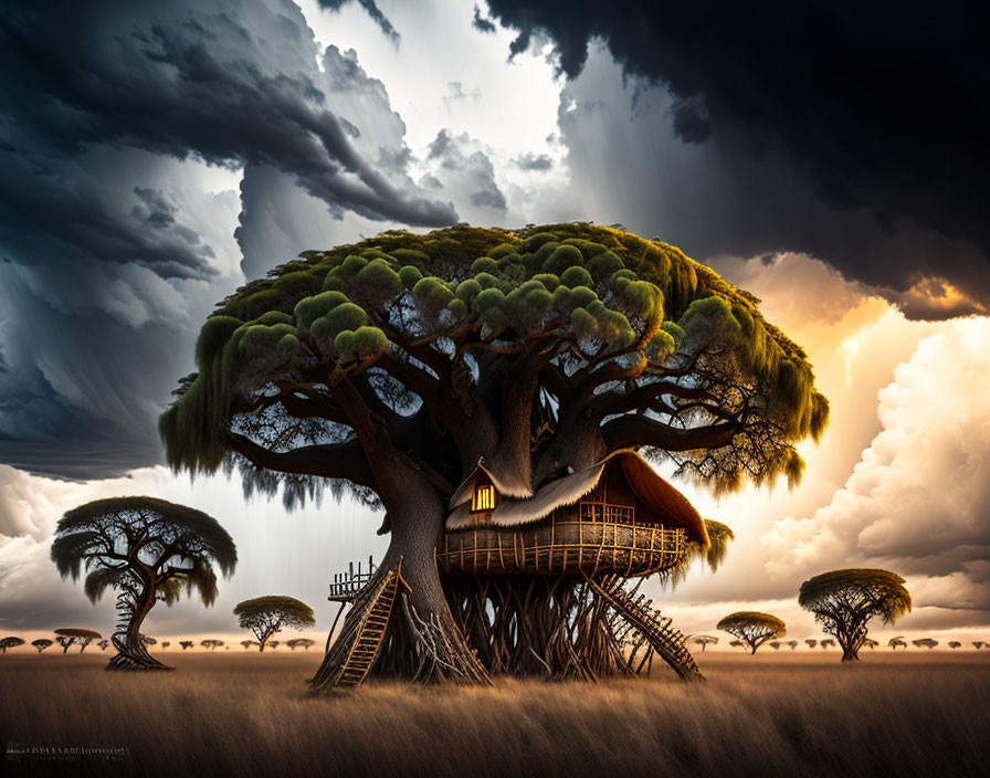 Majestic baobab tree with built-in treehouse under dramatic sky