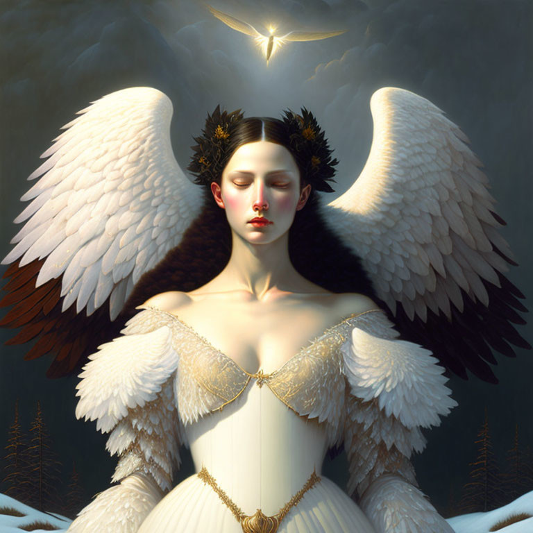 Serene angelic figure with white wings and golden gown on dusky background