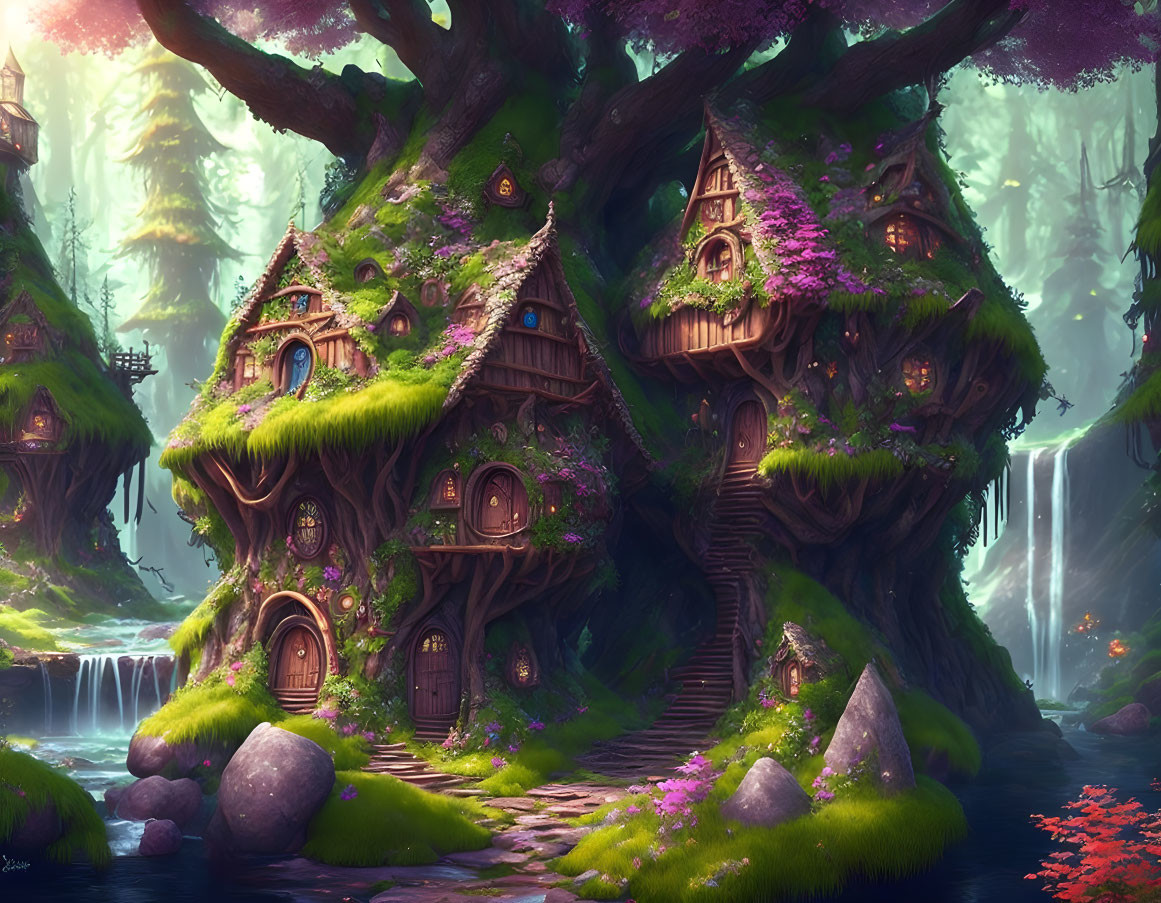 Whimsical treehouses in enchanted forest with waterfall