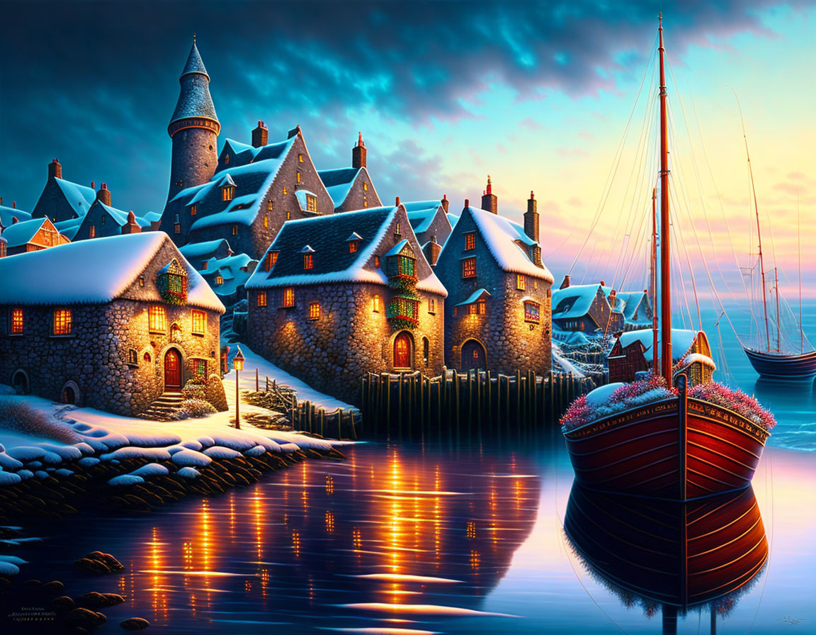 Snowy village night scene with illuminated houses, stone tower, and docked ship by water.