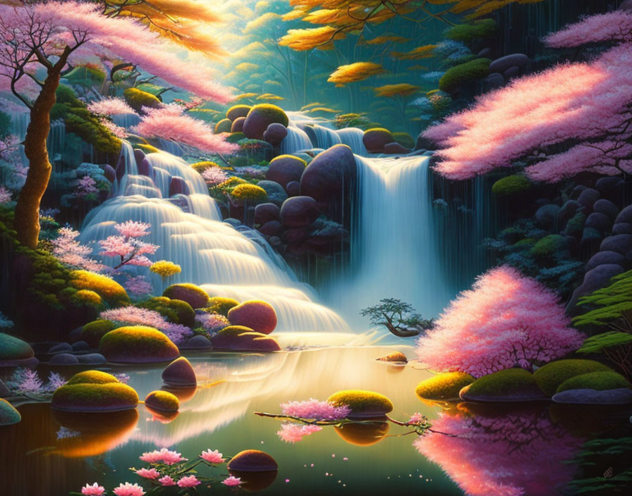 Tranquil waterfall with cherry blossom trees and serene pond