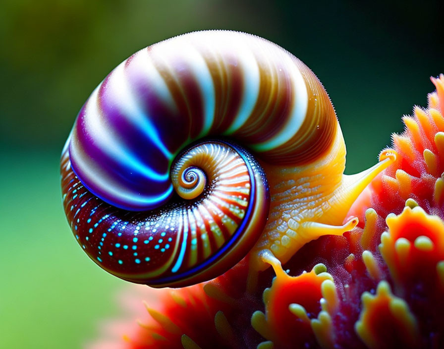 Digitally-Enhanced Snail with Neon-Blue Patterned Shell on Colorful Coral Surface