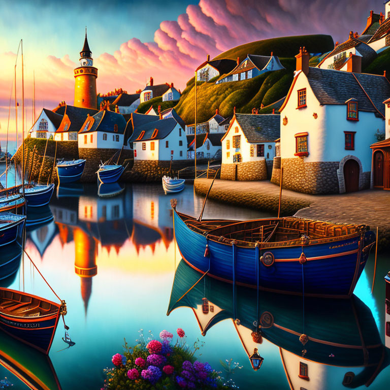 Picturesque coastal sunset scene with vibrant houses, boats, flowers, and lighthouse